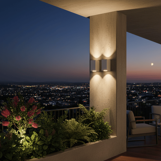 Dual up-down wall light fixtures lighting a modern balcony pillar.