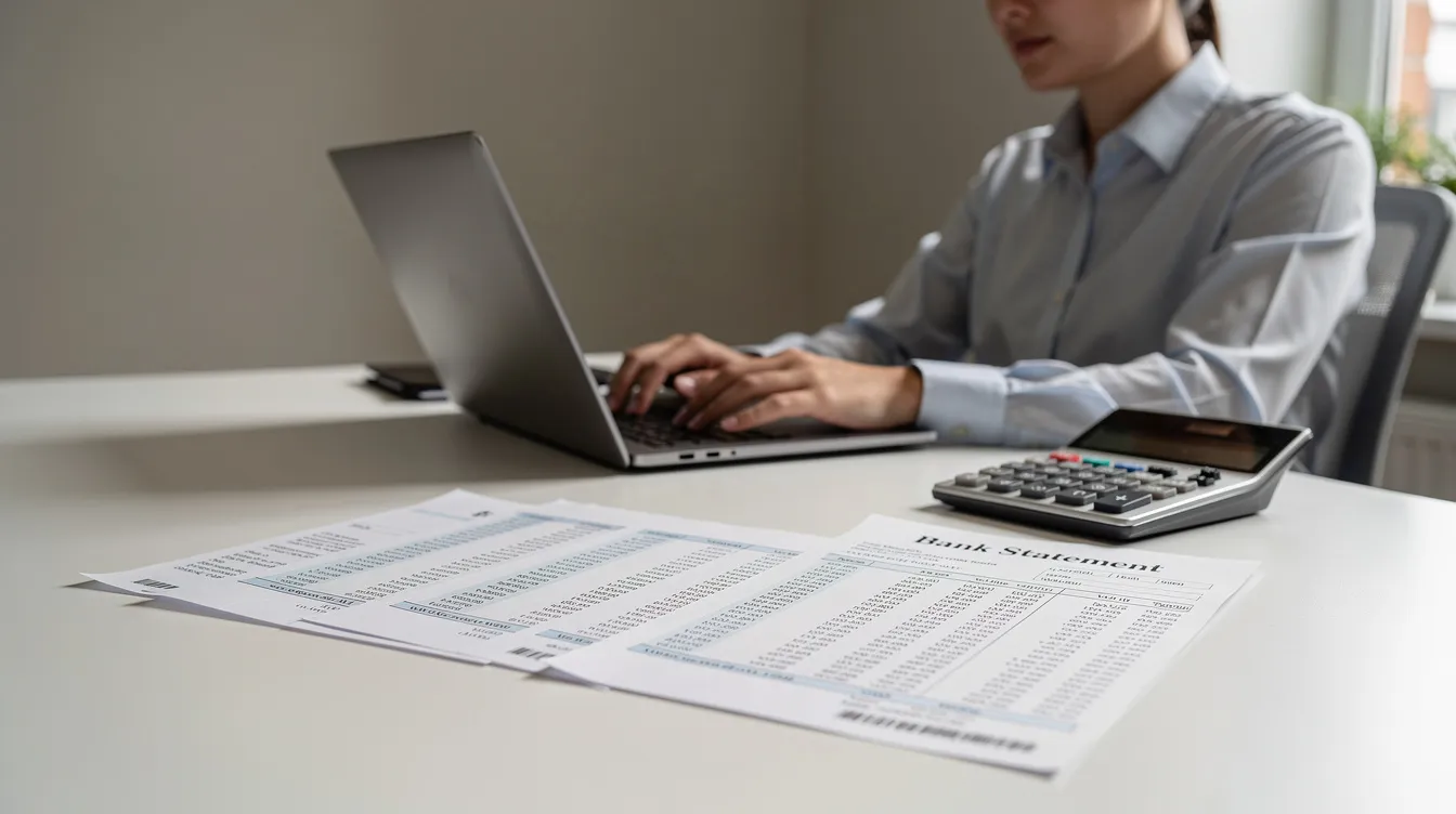 A person is sitting at a desk, focused on a laptop, with a calculator and bank statements spread out nearby, indicating they are likely managing their finances or applying for a loan. The scene suggests a careful review of financial documents, potentially related to a loan application or assessing their credit report.