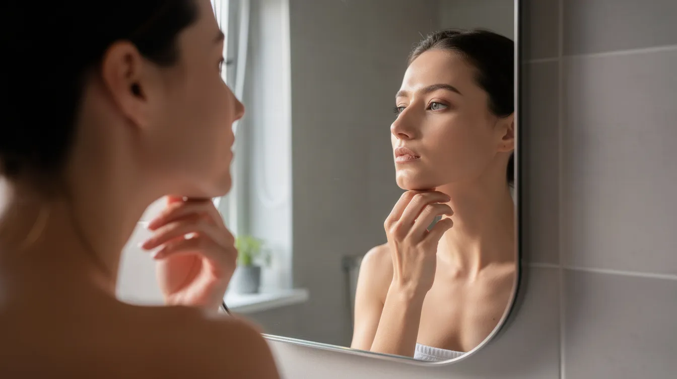 A person is gently touching their chin while gazing at their profile in a mirror, contemplating the balance of their facial features. This moment reflects their consideration of chin augmentation options, such as chin filler injections, to enhance their chin's shape and projection for improved facial harmony.