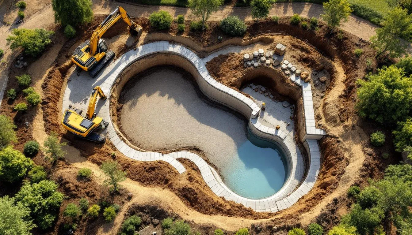 A detailed site analysis showing the preparation of a landscape for a swimming pool installation.