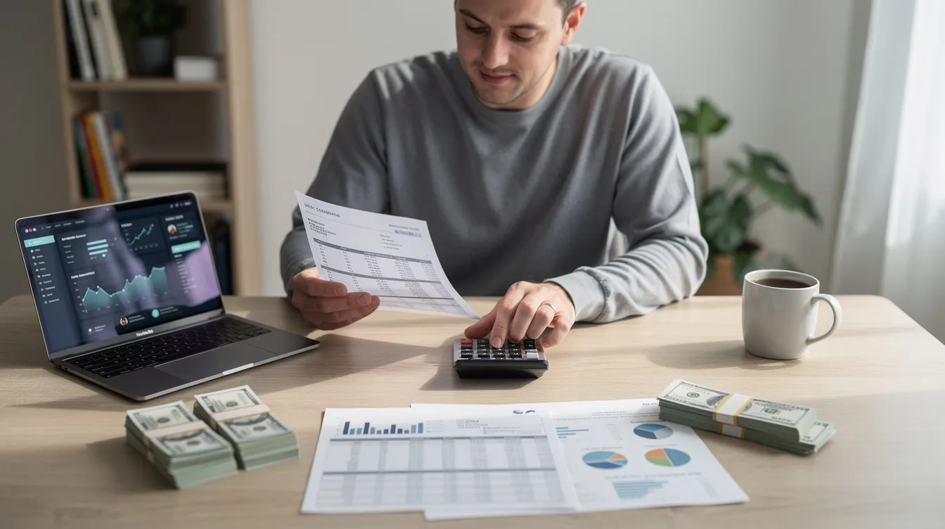 0dc1d598 2ed0 498a bc9b 0207a6c1cbb0 A person is sitting at a home office desk, reviewing financial documents and using a calculator, which may include bank statements and loan details related to the Pradhan Mantri Mudra Yojana. This scene reflects the importance of financial planning for micro and small enterprises in India, particularly in navigating eligibility and interest rates for obtaining mudra loans.