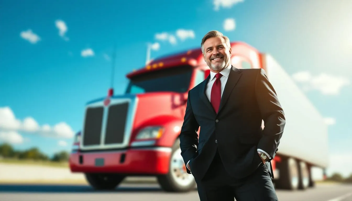 A confident semi truck driver stands proudly in front of a semi truck, celebrating the successful closure of a deal for commercial financing. This moment highlights the importance of providing valuable financing solutions to help trucking companies grow and maximize efficiency in their operations.
