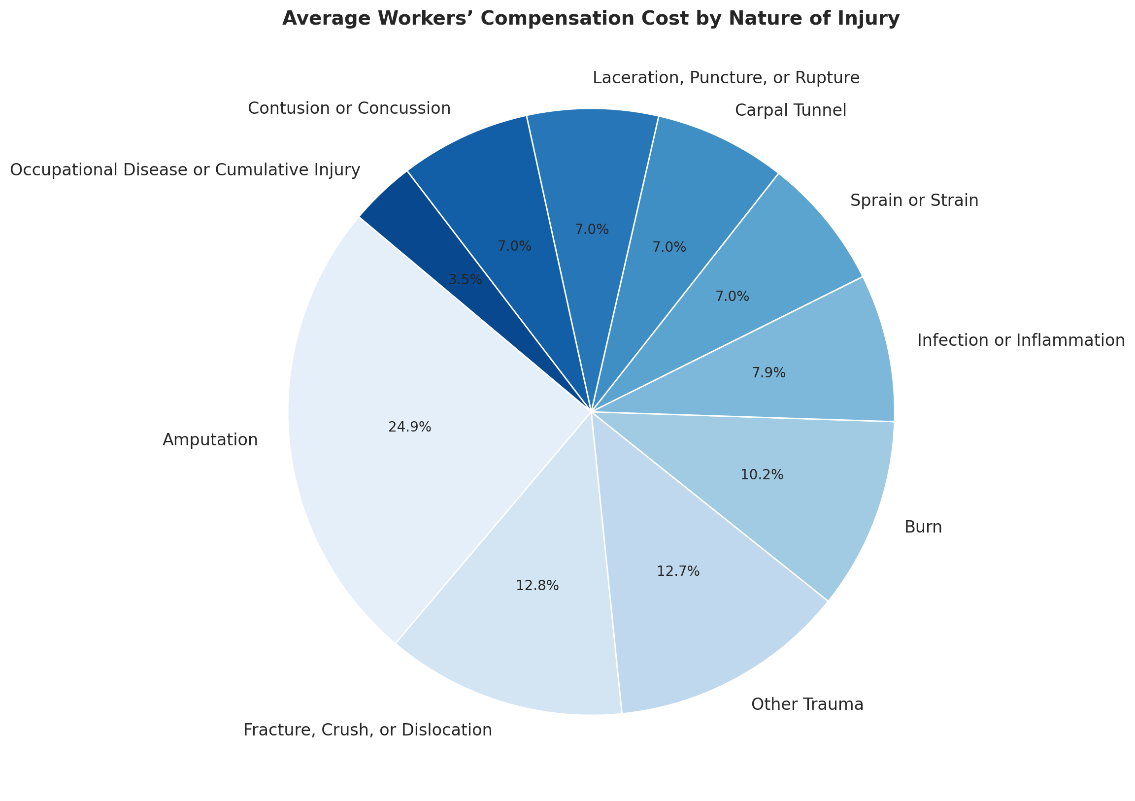 A pie chart titled 'Average Workers’ Compensation Cost by Nature of Injury' displaying the percentage breakdown of settlement amounts for different injury types. The largest segment represents 'Amputation' at approximately 24.9%, followed by 'Fracture, Crush, or Dislocation' at 12.8%, and 'Other Trauma' at 12.7%. Other injury categories include 'Burn' (10.2%), 'Infection or Inflammation' (7.9%), 'Sprain or Strain' (7.0%), 'Carpal Tunnel' (7.0%), 'Laceration, Puncture, or Rupture' (7.0%), 'Contusion or Concussion' (7.0%), and 'Occupational Disease or Cumulative Injury' (3.5%). The chart uses varying shades of blue to differentiate injury types.