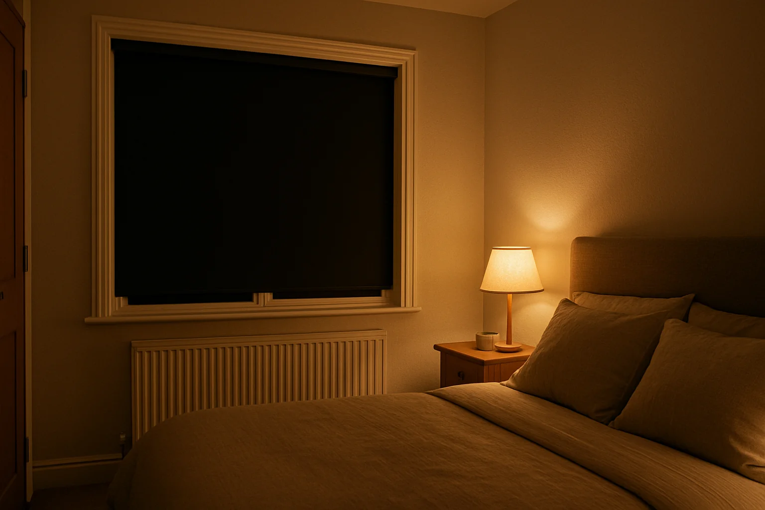 "Blackout blinds drawn in a bedroom to block out light and conserve heat"