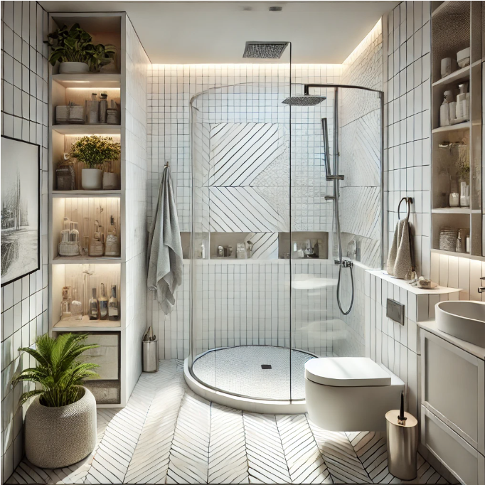 Small shower ideas for small bathrooms feature a glass shower door and a bathroom sink