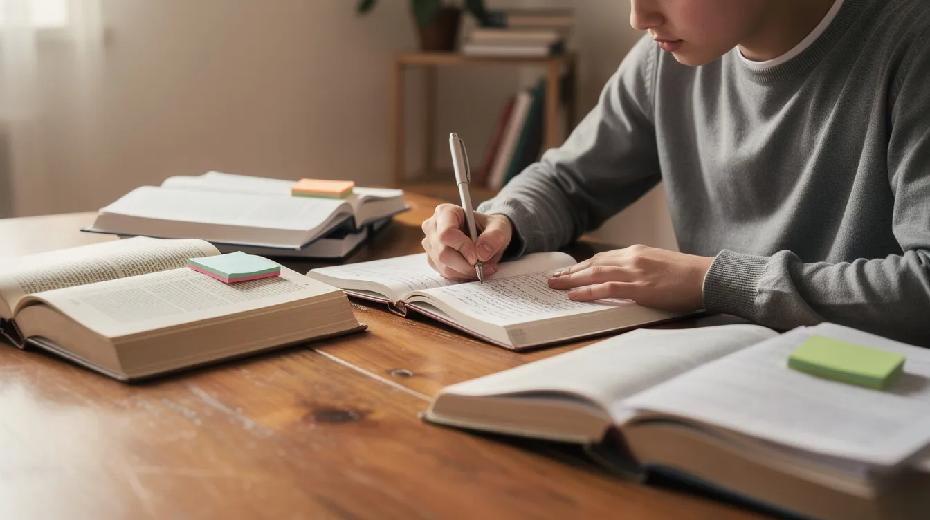 Na zdjęciu widoczny jest student siedzący przy drewnianym biurku, który pisze notatki, otoczony książkami. W jego otoczeniu znajdują się lektury obowiązkowe oraz materiały pomocnicze do pisania rozprawki maturalnej z języka polskiego.