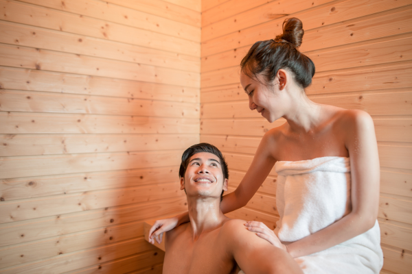 Image of people inside the sauna.