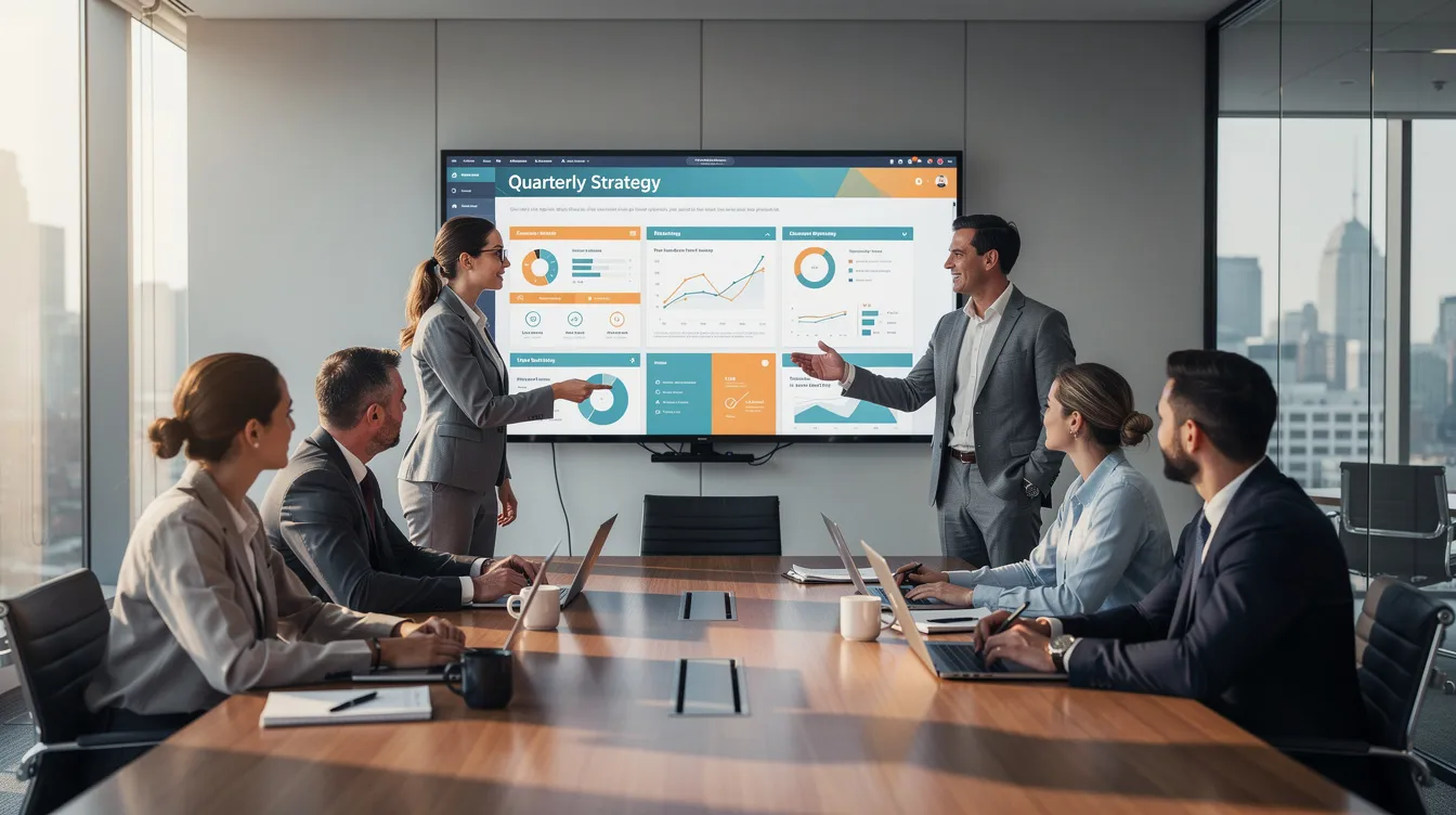 A diverse team is gathered around a large presentation screen in a conference room, discussing a PowerPoint presentation that integrates data from an Excel file. They are collaborating on how to effectively present the information, possibly using Excel charts and worksheets to enhance their data analysis.
