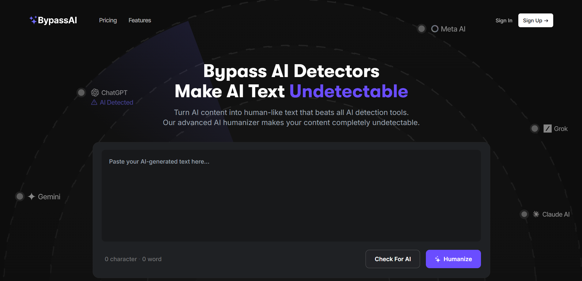 BypassAI AI writing platform featuring AI humanizer, AI detector bypass, and content rewriting tools for creating natural, undetectable AI-generated text.