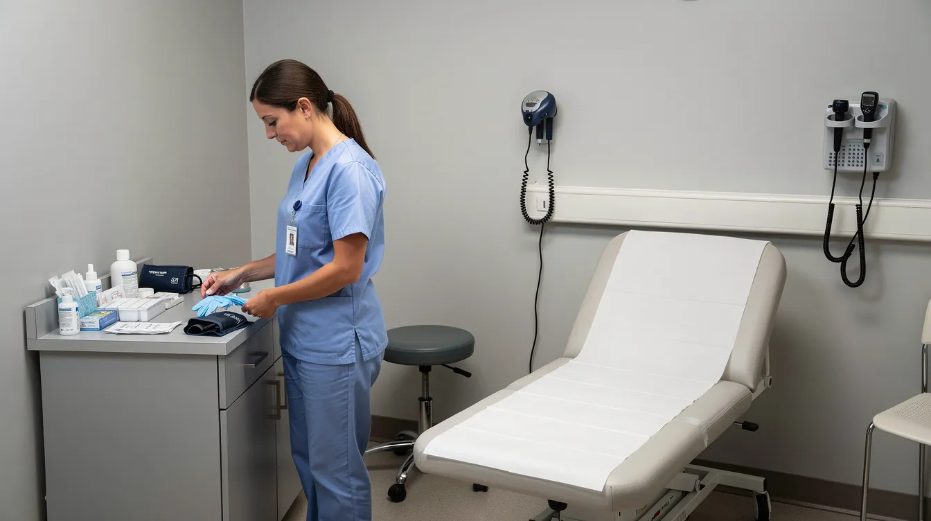 The image shows a healthcare provider preparing a simple outpatient exam room, equipped with a table, medical instruments, and antiseptic solutions, ready for procedures such as an endometrial biopsy or pelvic exam. The setting is organized to ensure patient comfort and safety during assessments for conditions like abnormal uterine bleeding or detecting endometrial cancer.