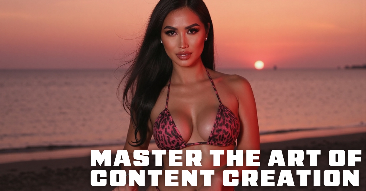 Woman in a leopard-print bikini on the beach at sunset, symbolizing mastering content creation for OnlyFans.