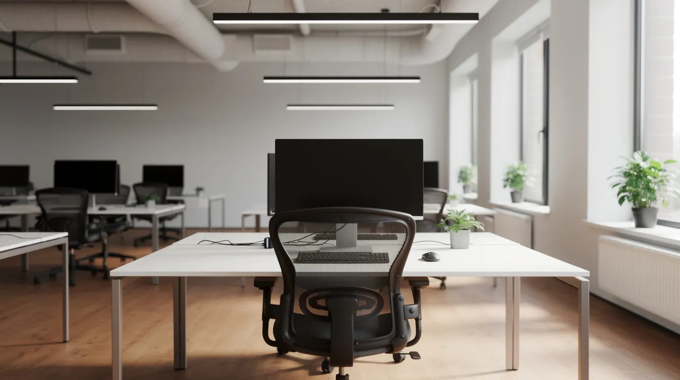 Trading steuerfrei: Legale Strategien für private Trader und Profis 4 Das Bild zeigt einen modernen Büroraum mit mehreren Computerarbeitsplätzen, die mit hochwertigen Laptops und ergonomischen Stühlen ausgestattet sind. In dieser Umgebung könnten Trader an ihren Handelsstrategien arbeiten, während sie sich mit Themen wie Trading, Steuern und Kryptowährungen beschäftigen.