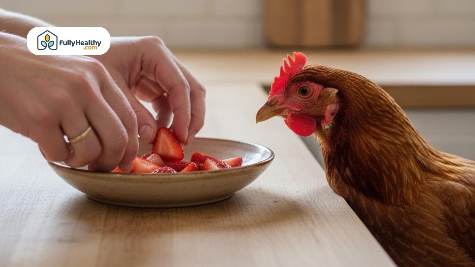 Hand offering sliced strawberries to curious chicken at wooden table