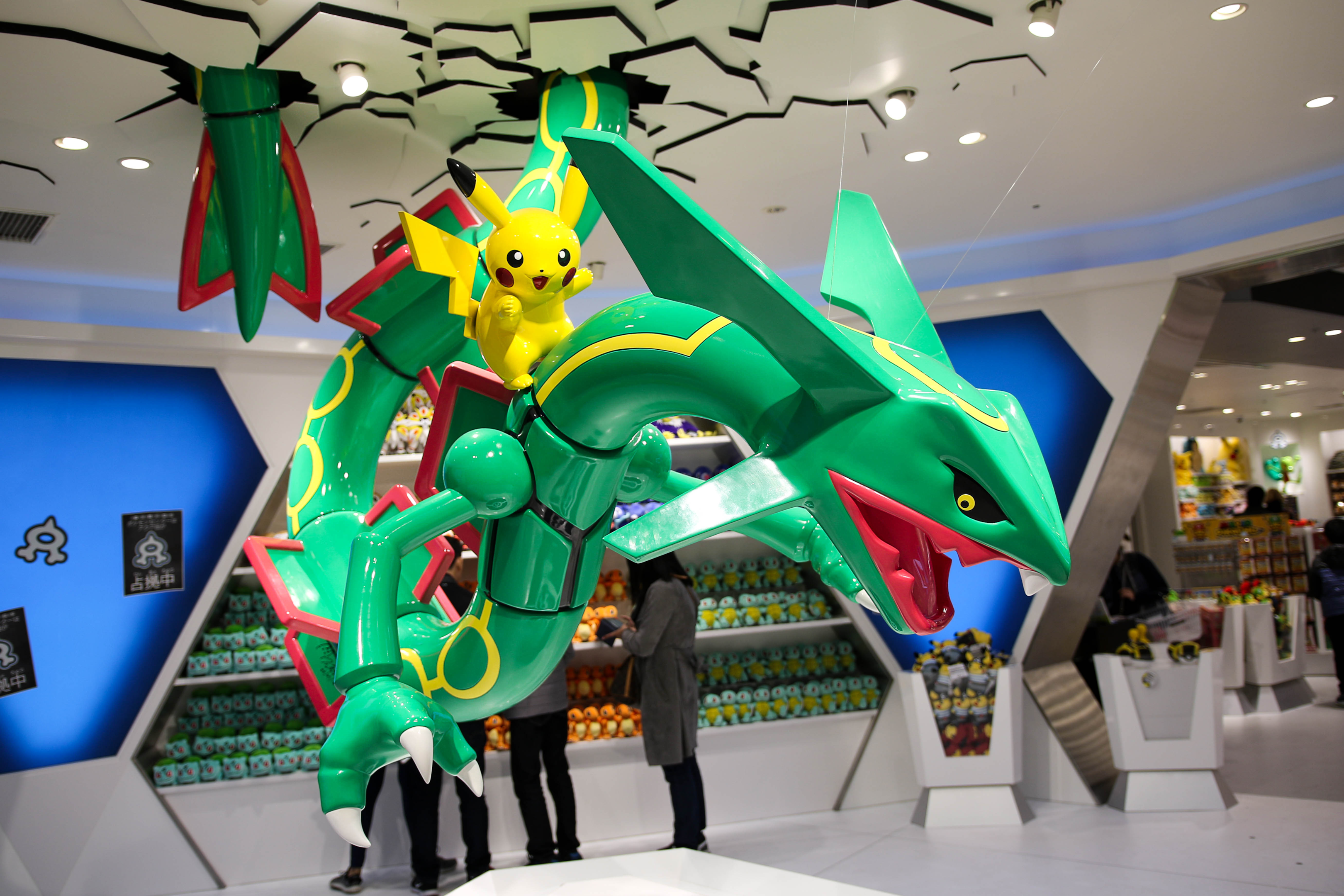 Pokémon Center featuring Pikachu and Rayquaza