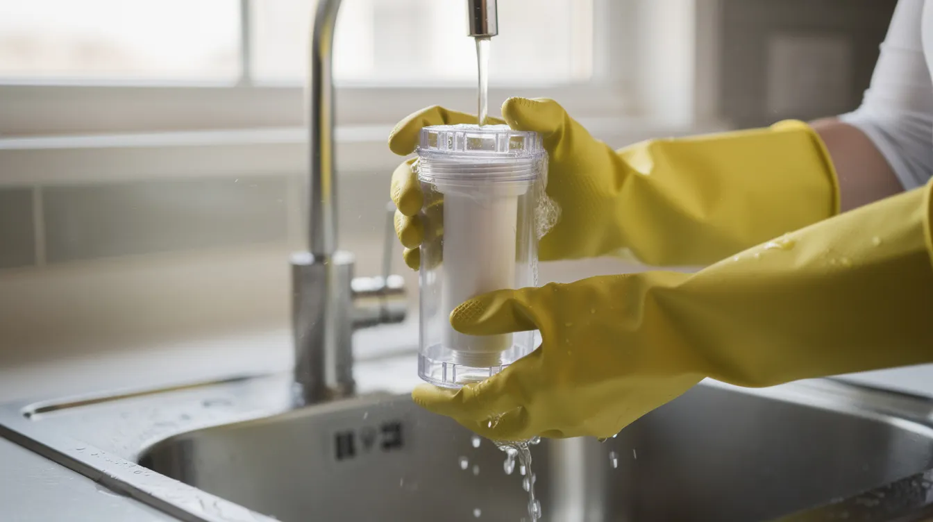 Une personne portant des gants nettoie un filtre à eau en plastique, essentiel pour assurer la qualité de l'eau de pluie récupérée. Ce processus d'entretien est crucial pour garantir la conformité et la sécurité du système de récupération d'eau, notamment pour des usages comme les wc et le lave-linge.