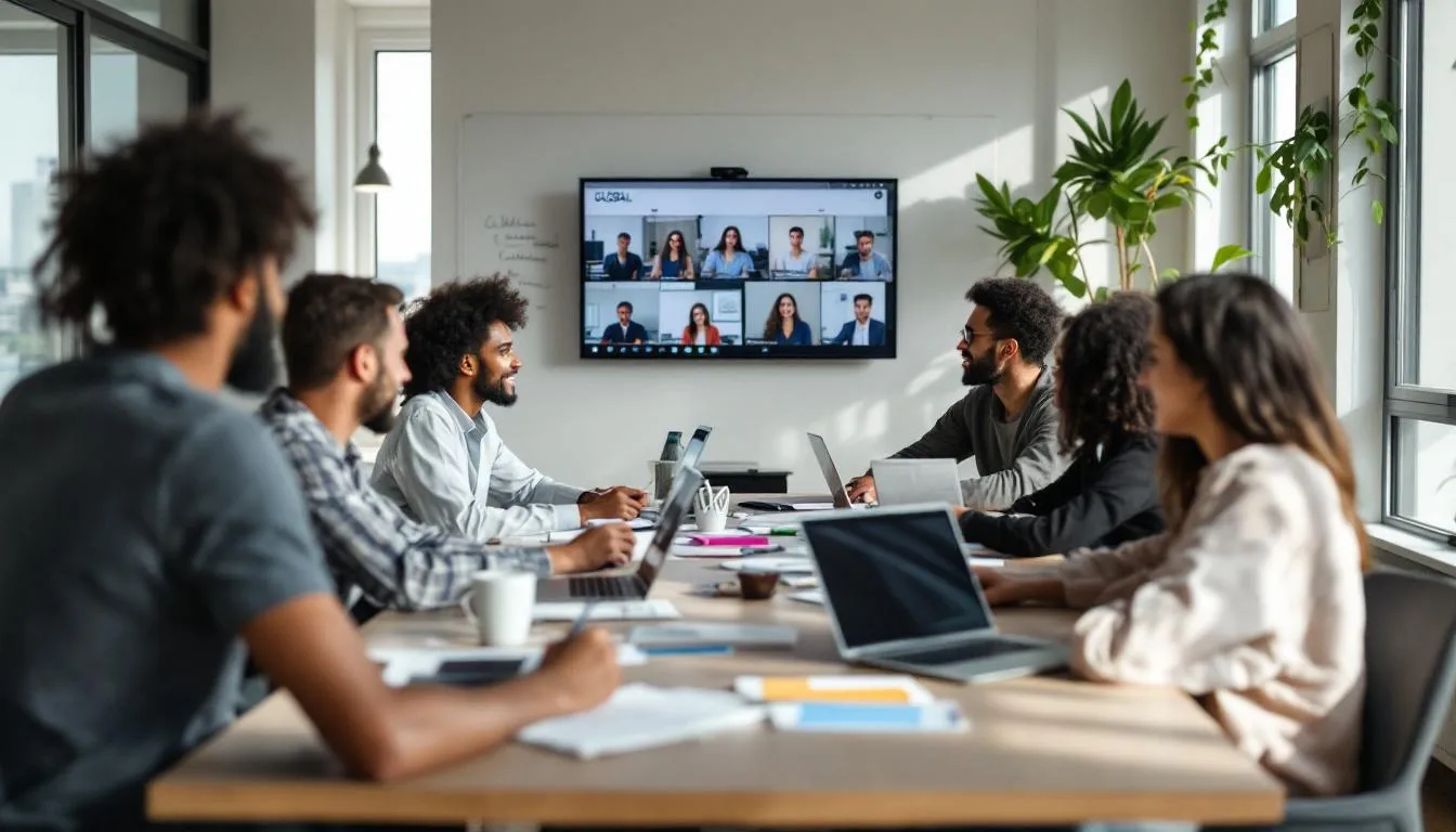 In der Abbildung ist ein Remote-Team-Meeting während einer internationalen Workation zu sehen, bei dem Mitarbeiter aus verschiedenen Ländern an einem Tisch sitzen und über ihre Arbeitsaufgaben diskutieren. Die entspannte Atmosphäre kombiniert Arbeit und Urlaub, während die Teilnehmer ihre Laptops nutzen und Notizen machen, um die Vorteile des modernen Arbeitsmodells zu genießen.
