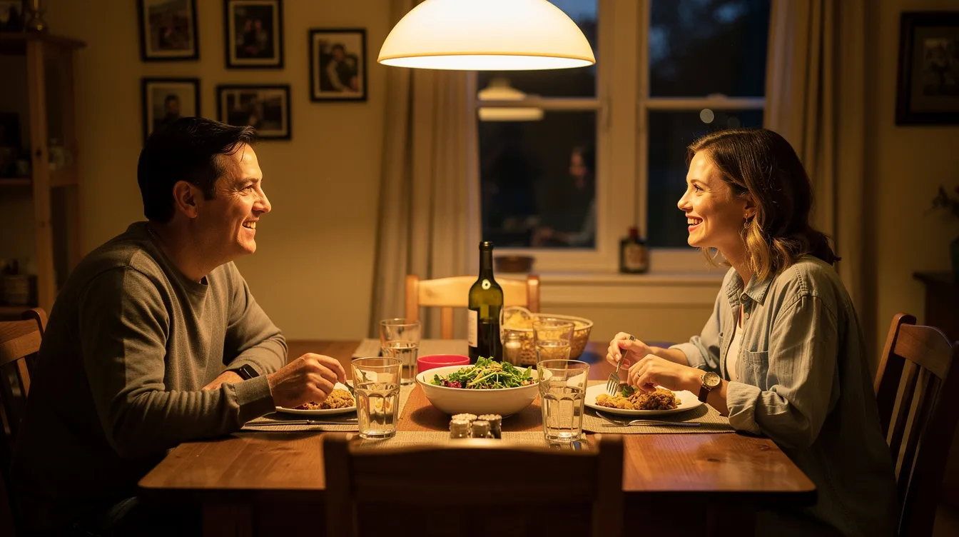 A couple is enjoying a family dinner together, sitting at a beautifully set table with warm lighting and a variety of dishes. This intimate moment reflects the importance of meaningful connections in romantic relationships, showcasing how shared meals can strengthen bonds and foster healthy relationships.