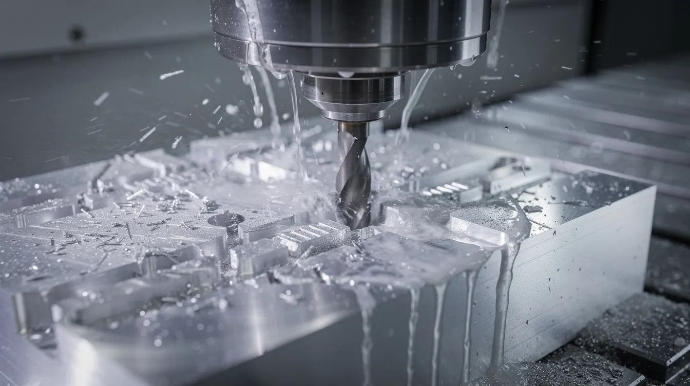 The image shows a close-up view of a CNC milling machine actively cutting an aluminum workpiece, with a stream of coolant flowing over the cutting tool to reduce heat during the precision machining process. This setup highlights the advanced machine tool technology used in the manufacturing industry for achieving complex geometries and high-quality machined parts.