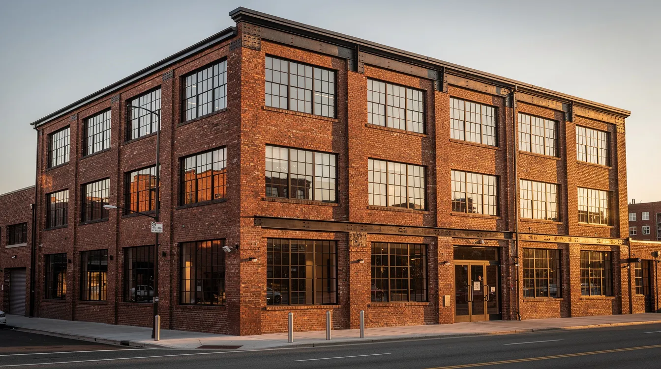 The image depicts the exterior of an industrial brick loft building, showcasing large warehouse windows and heritage architecture, typical of the Irwin Toy Factory in Liberty Village. The solid brick walls and steel ceiling beams highlight its authentic hard loft residence style, while the surrounding area suggests a vibrant community with access to coffee shops and amenities.