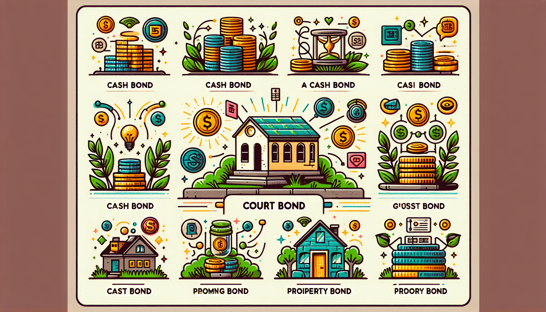 An illustration that categorizes different types of court bonds, including bail bonds and surety bonds.