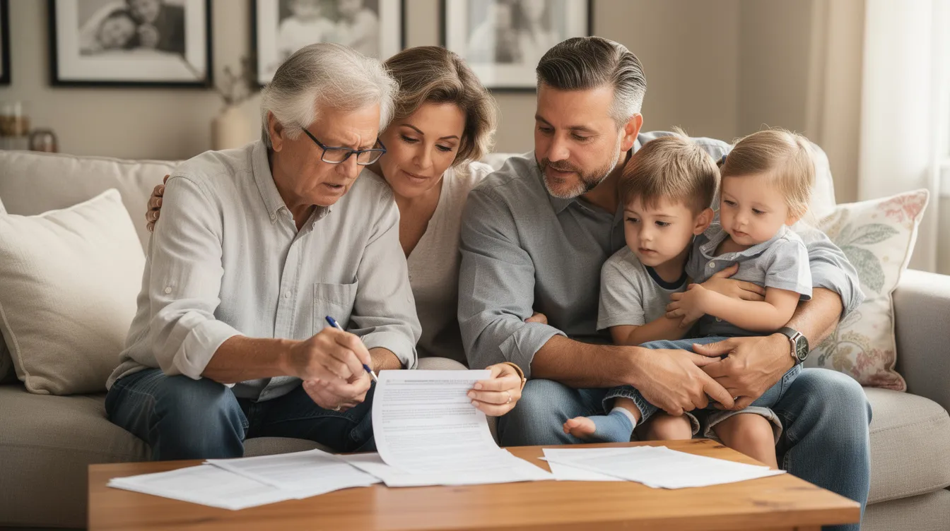 A multi-generational family is gathered around a table, reviewing important financial documents related to estate planning, including living wills and retirement accounts. They appear engaged in discussion, considering the future and the legal implications for their assets and beneficiaries.