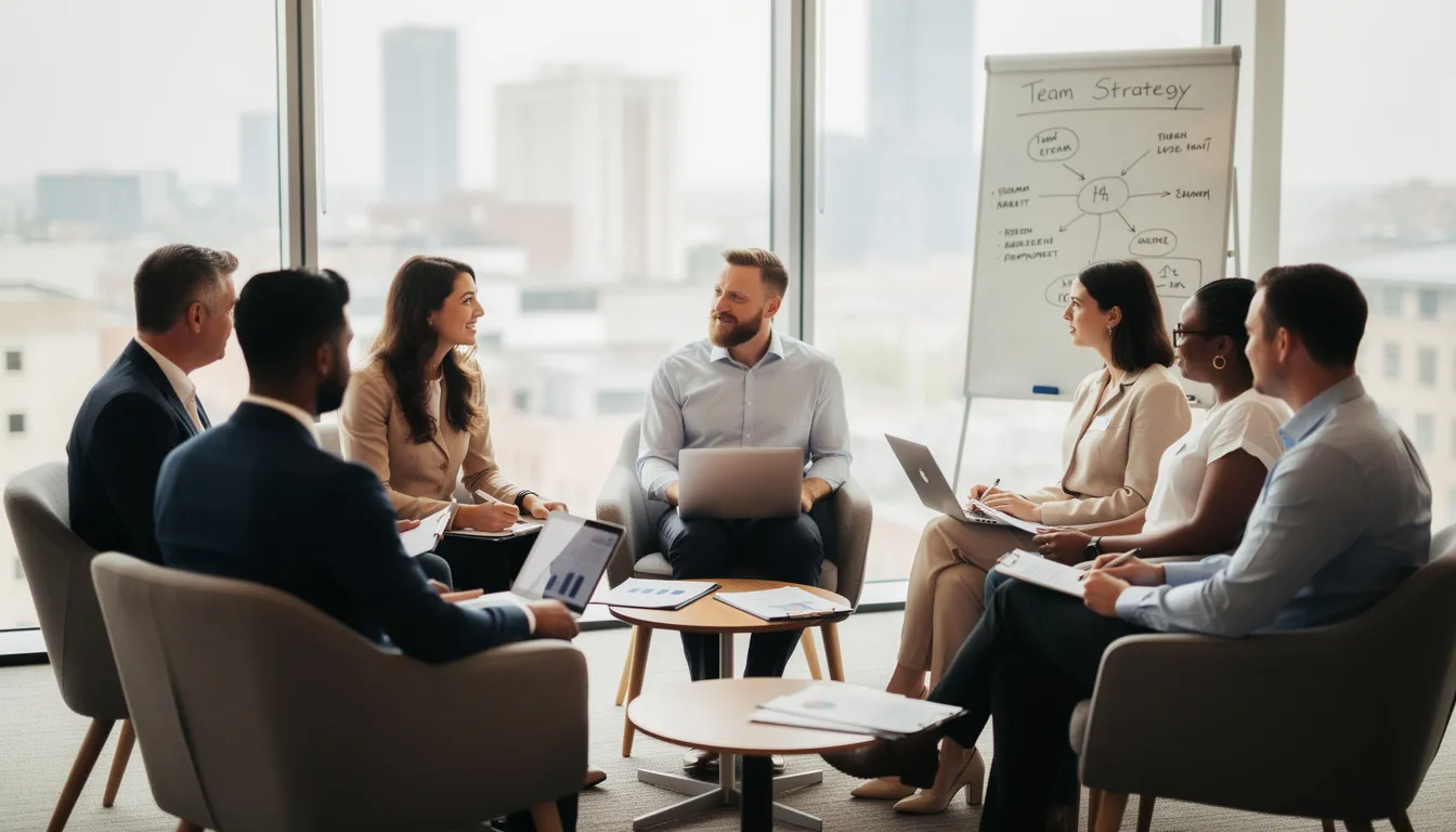 A diverse group of professionals is seated in a circle, actively engaging in a collaborative discussion that fosters personal growth and a growth mindset. They share valuable insights and strategies, creating a supportive environment for exploring their personal and professional goals.