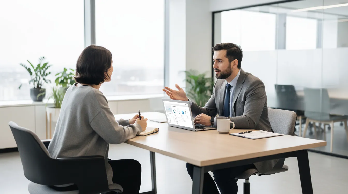 The image shows a person sitting at a modern office desk, engaged in a consultation with a professional. The setting suggests a focus on topics such as hemp derived products and the legal implications surrounding cannabis, including delta 8 THC and Vermont hemp rules.