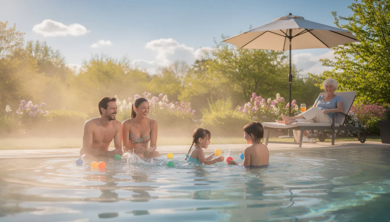 A family is happily enjoying a heated outdoor swimming pool on a sunny spring afternoon, surrounded by lush greenery. The warm pool water provides a comfortable experience, showcasing the benefits of effective pool heating solutions like gas pool heaters or heat pumps for consistent temperature control.