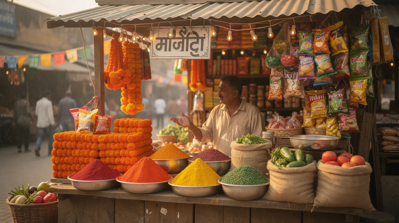 0dd6a5d3 e8ec 4fd0 bffa b2c69db60a65 The image depicts a vibrant small Indian market stall filled with an array of colorful goods, showcasing various products that attract shoppers. This lively scene reflects the essence of micro enterprises in India, where small businesses play a crucial role in the economy and financial inclusion, potentially benefiting from initiatives like the Mudra loan scheme.