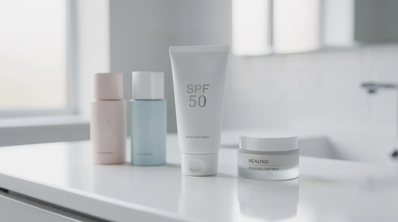 The image features an array of skincare products, including sunscreen and healing ointment, neatly arranged on a pristine white bathroom counter, emphasizing the importance of healthy skin care and protection against skin cancer. These products are essential for promoting healing and maintaining skin health, particularly after mole removal procedures.
