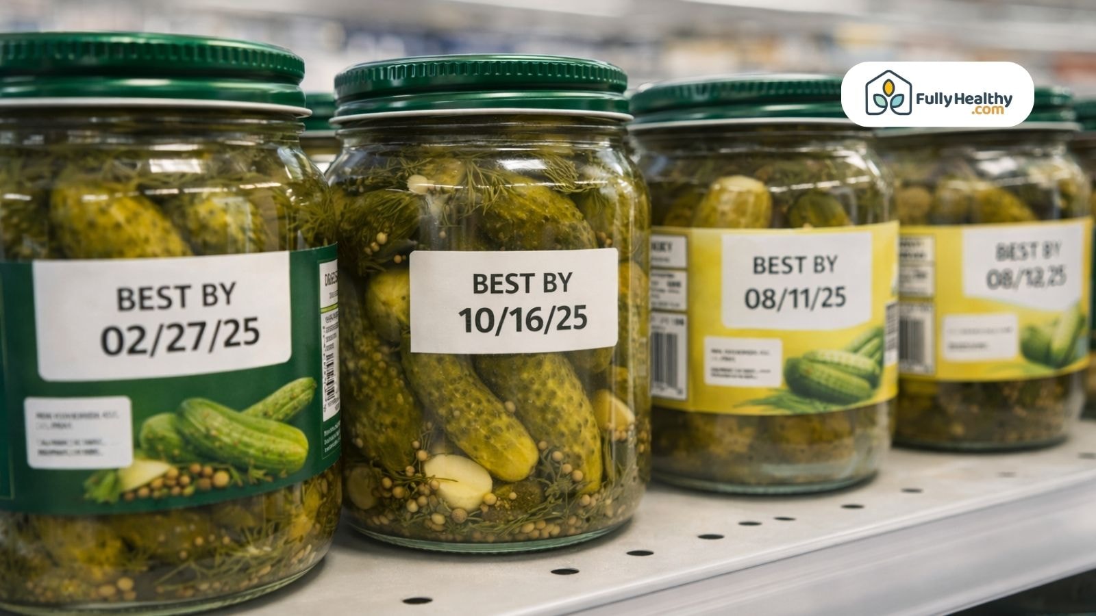 Store shelf lined with jarred pickles displaying best by dates
