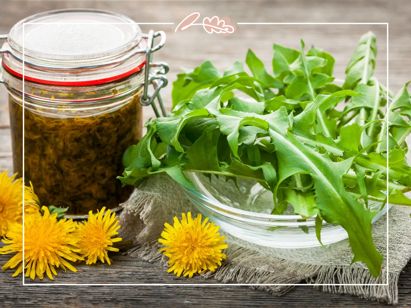 Jar of preserved dandelions and a bowl of fresh dandelion greens. Fabulous Flowers and Gifts.