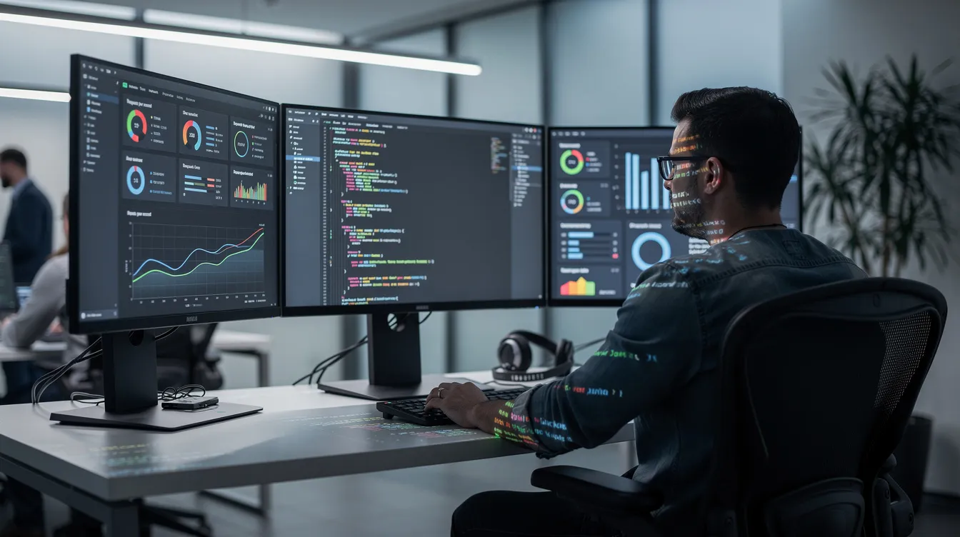 A developer is intently reviewing code and analytics displayed across multiple monitors, showcasing a complex workflow involving various AI models and automation tools. The scene highlights the use of advanced technology for building and managing intelligent agents, emphasizing the importance of multi-agent collaboration in technical teams.