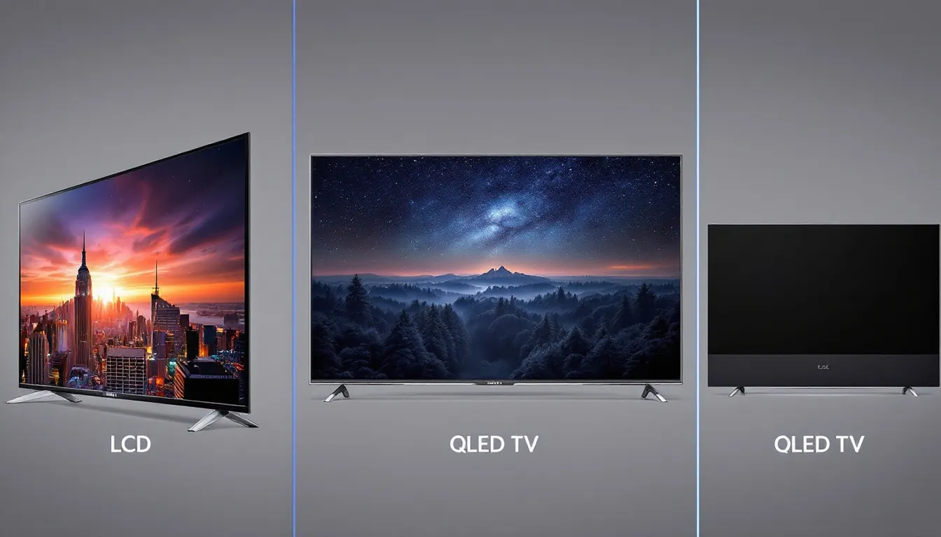 This image compares various TV technologies, showcasing LCD TVs, QLED TVs, and OLED TVs. It highlights the superior picture quality, vibrant colors, and contrast capabilities of OLED panels versus QLED and traditional LCD panels, emphasizing the differences in brightness and viewing angles.