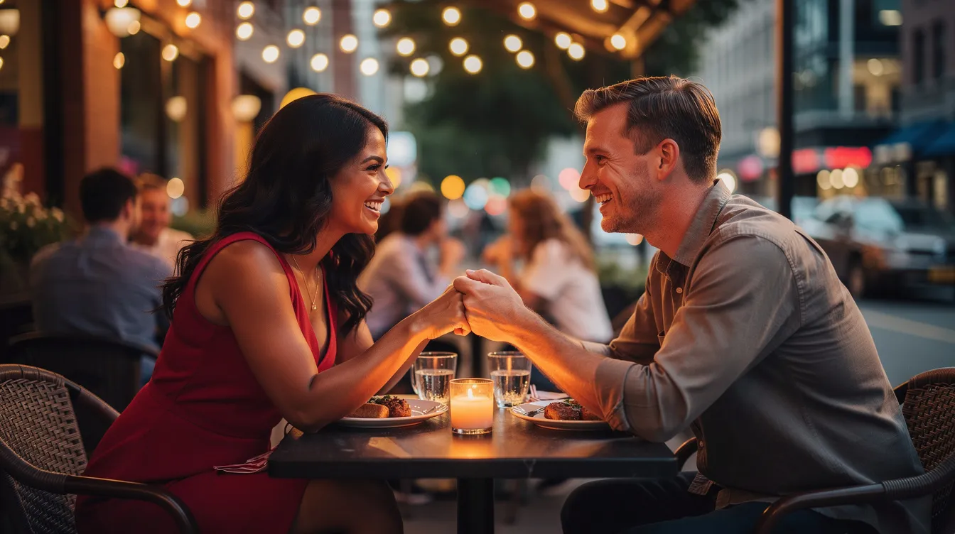 A Latina woman and a white man are enjoying a date at a cozy restaurant, sharing a meal and laughing together, showcasing the beauty of cultural diversity in relationships. Their affectionate body language reflects the warmth and passion often found in Latin culture, highlighting the connection between different backgrounds.
