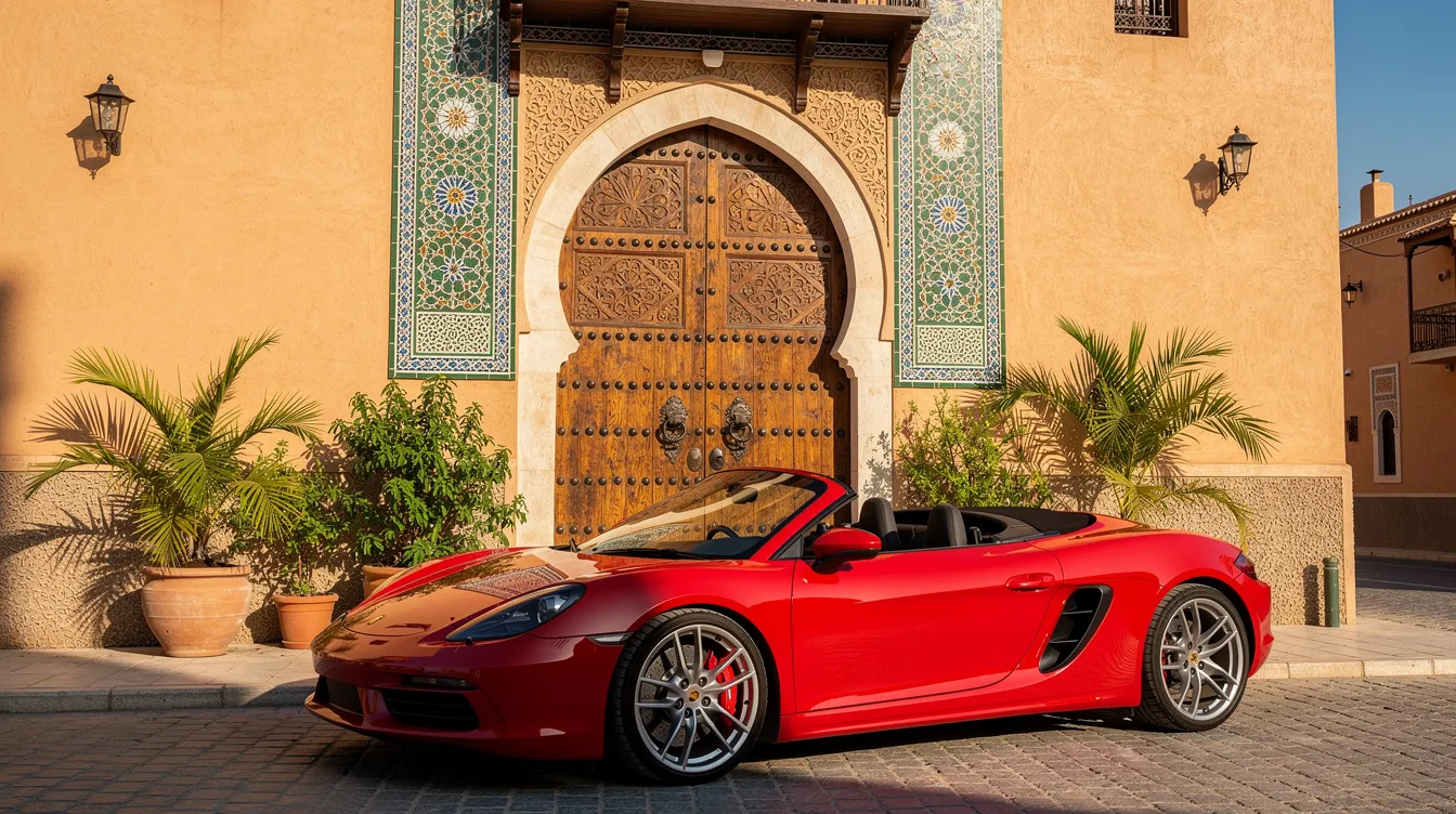 Une voiture sportive cabriolet rouge est garée devant un riad marocain, mettant en valeur une porte en bois sculpté. Cette scène évoque l'élégance et le luxe, parfaite pour une expérience de location de voiture haut de gamme à Marrakech.