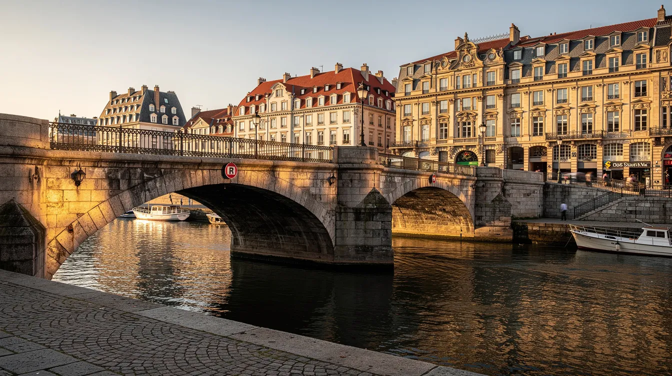 Die alte steinerne Brücke überspannt einen Fluss in einer europäischen Großstadt und wird von historischen Gebäuden umrahmt, die eine faszinierende Kulisse bilden. Die Szene strahlt eine zeitlose Schönheit aus, die an die Geschichten und Träume vergangener Zeiten erinnert.
