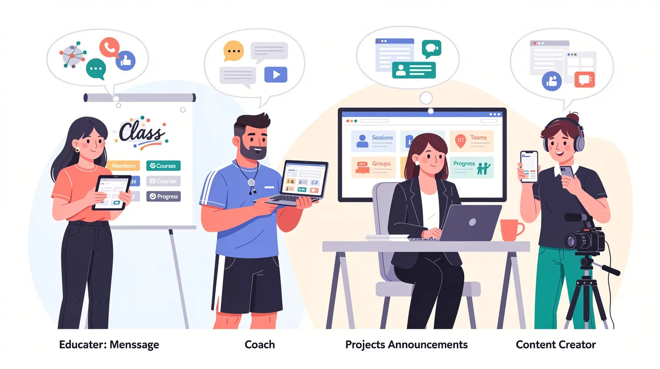 An illustration depicting four diverse creator types - an educator, a coach, a business professional, and a content creator - each contemplating a community platform, symbolizing the intersection of human nature and society in the digital age. The scene captures their expressions of curiosity and engagement, reflecting the idea of collaboration and connection in one room.