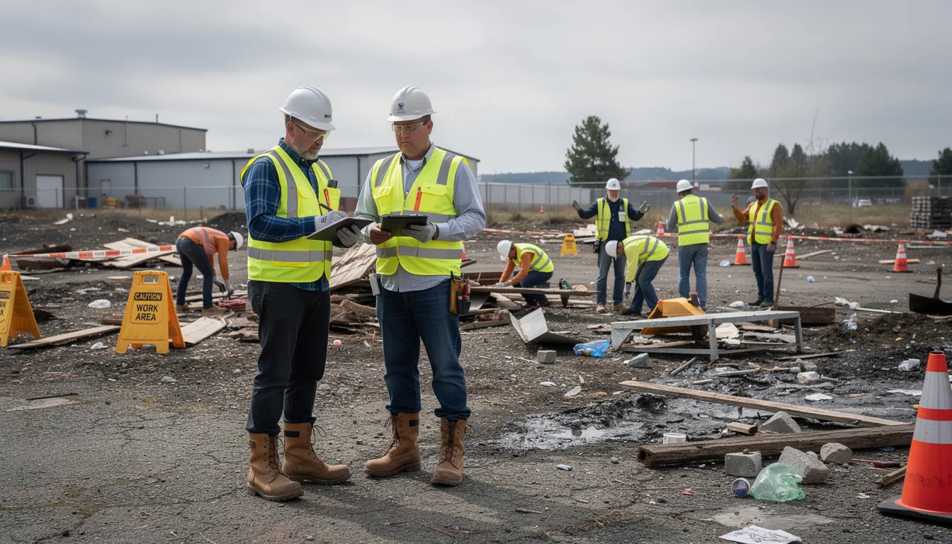 Workers in safety gear are assessing an outdoor area, where debris and belongings are scattered, likely indicating a recent homeless encampment cleanup. The scene reflects efforts by outreach teams to address homelessness and improve the environment for residents in the community.