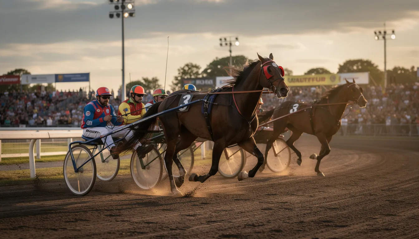En travbana med flera hästar som tävlar, där jockeys i färgglada dräkter sitter på ryggen av hästarna. Stämningen är spänd och förväntansfull, medan åskådare och spelare, som vill spela på odds, hejar på sina favoriter.