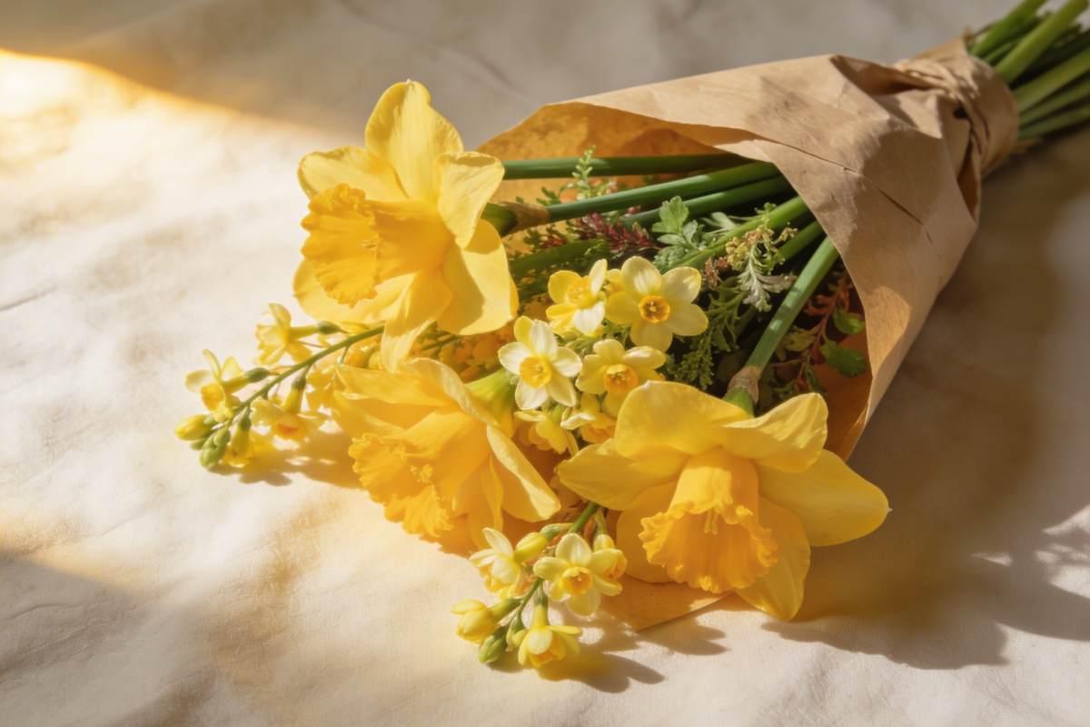 A hand-tied posy of yellow daffodils and golden jonquils wrapped in kraft paper