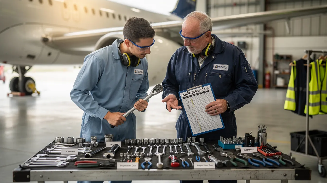 An apprentice and a senior technician are collaborating on a review of various aircraft maintenance tools, highlighting the hands-on training aspect of their aviation maintenance apprenticeship program. This scene emphasizes the importance of mentorship in developing skills for a successful career as an aircraft mechanic.