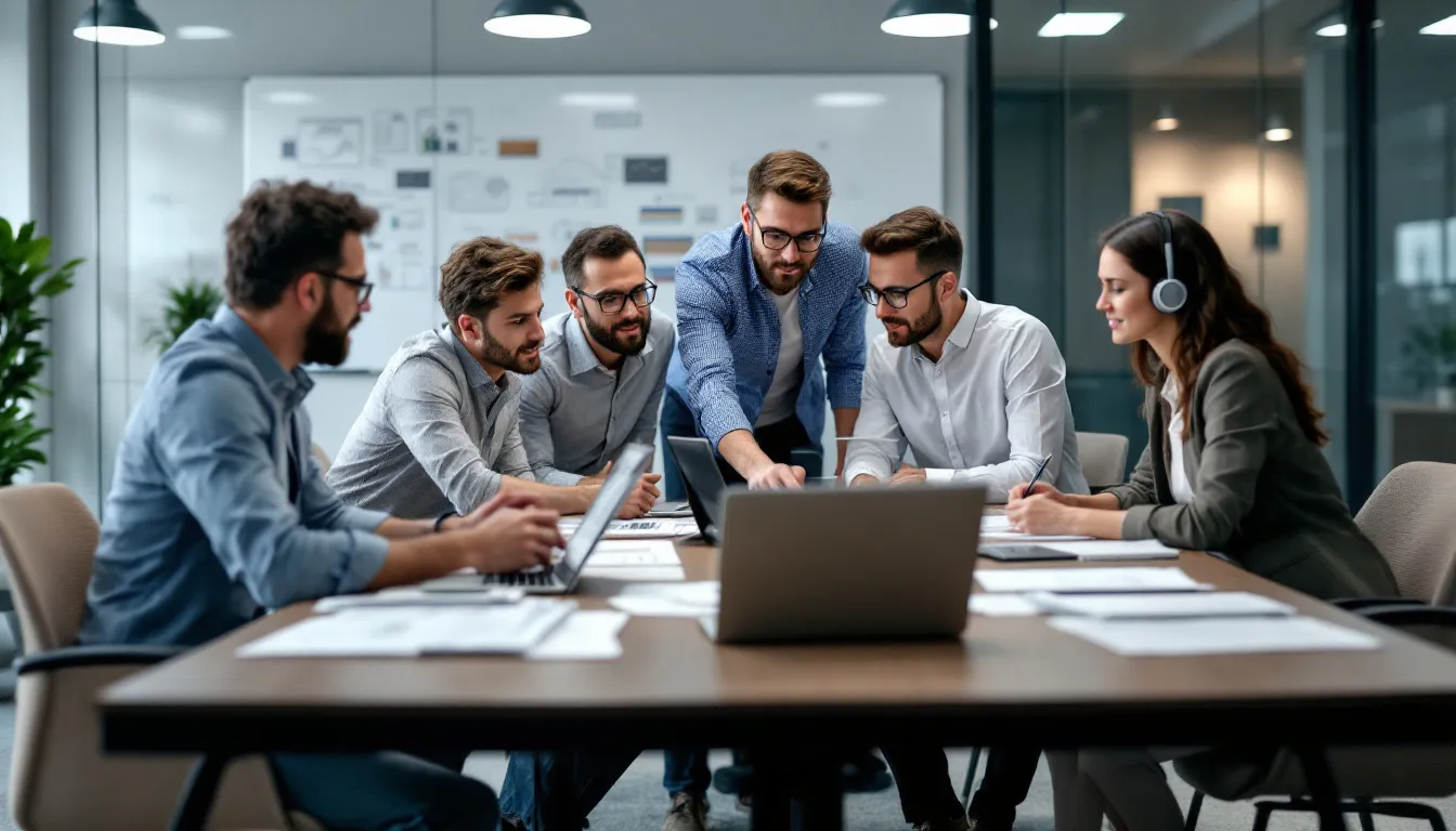 A team of IT professionals is collaborating around a conference table, engaged in discussions with laptops open and charts displayed, focusing on solutions for effective test data management and data security in both Oracle and non-Oracle databases. They are utilizing tools like the Delphix virtualization engine to manage data and optimize performance in various environments.