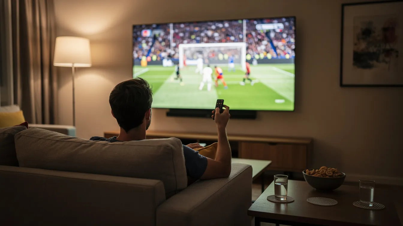 A person is comfortably seated on a couch, holding a streaming remote while watching a large flat-screen TV that displays an exciting sports match. This scene captures the essence of enjoying live TV channels through IPTV services, providing viewers with access to a variety of sports channels and entertainment options.