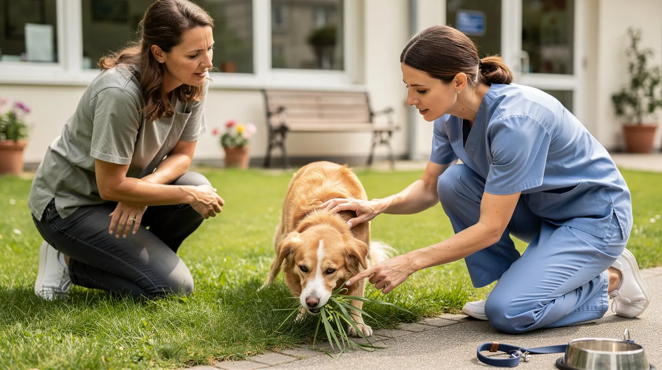 The image depicts a dog in a lush green lawn, chewing on a blade of grass, illustrating the common behavior of dogs eating grass. This scene captures a moment of normal dog behavior, highlighting the curiosity and occasional dietary habits of dogs, which can stem from various reasons such as upset stomach or simply boredom.