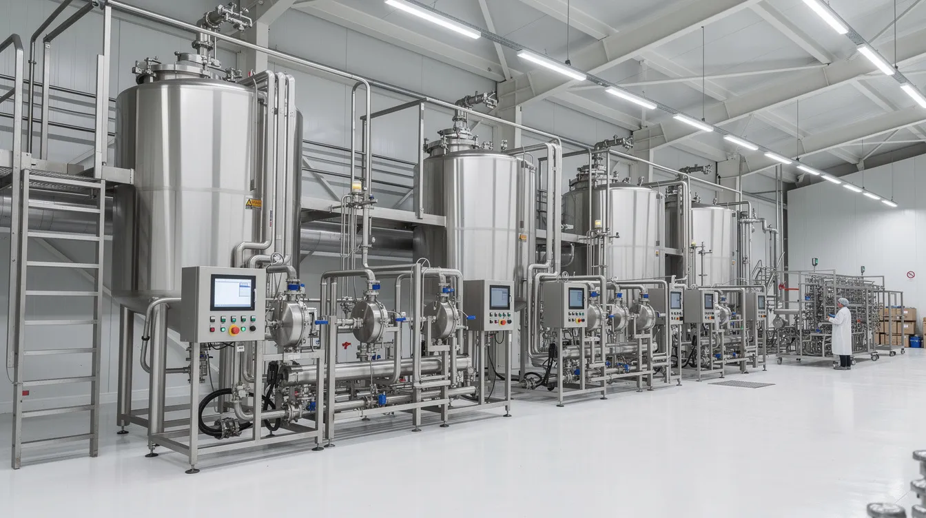 0dec0087 0d36 48c2 a5c3 9dcf5c11ba63 The image depicts a modern food manufacturing facility featuring industrial stainless steel dairy processing equipment, designed for the production of milk protein concentrate and whey protein. This advanced setup showcases the intricate processes involved in dairy processing, highlighting the essential role of technology in enhancing the nutritional value of dairy products.