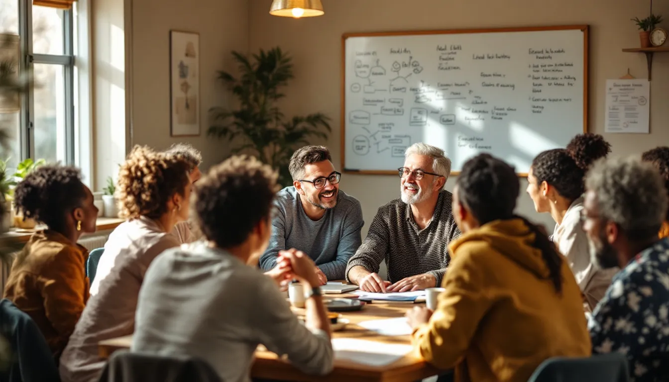 A diverse group of community residents is gathered in a meeting room, actively discussing local health priorities and collaborative solutions to address health disparities and improve access to resources. The atmosphere reflects a commitment to public health, with participants sharing insights on mental health, prevention strategies, and the development of action plans to enhance community well-being.