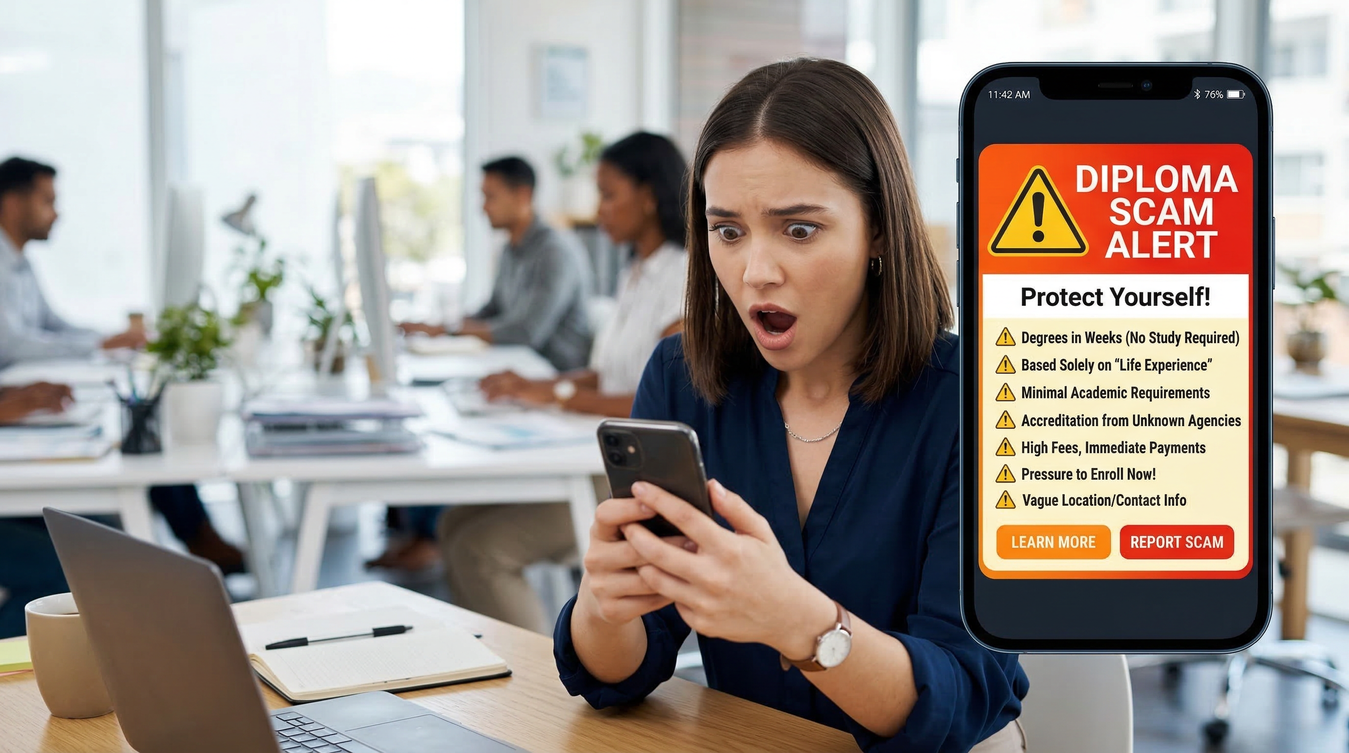 Warning sign about diploma scams on a computer screen