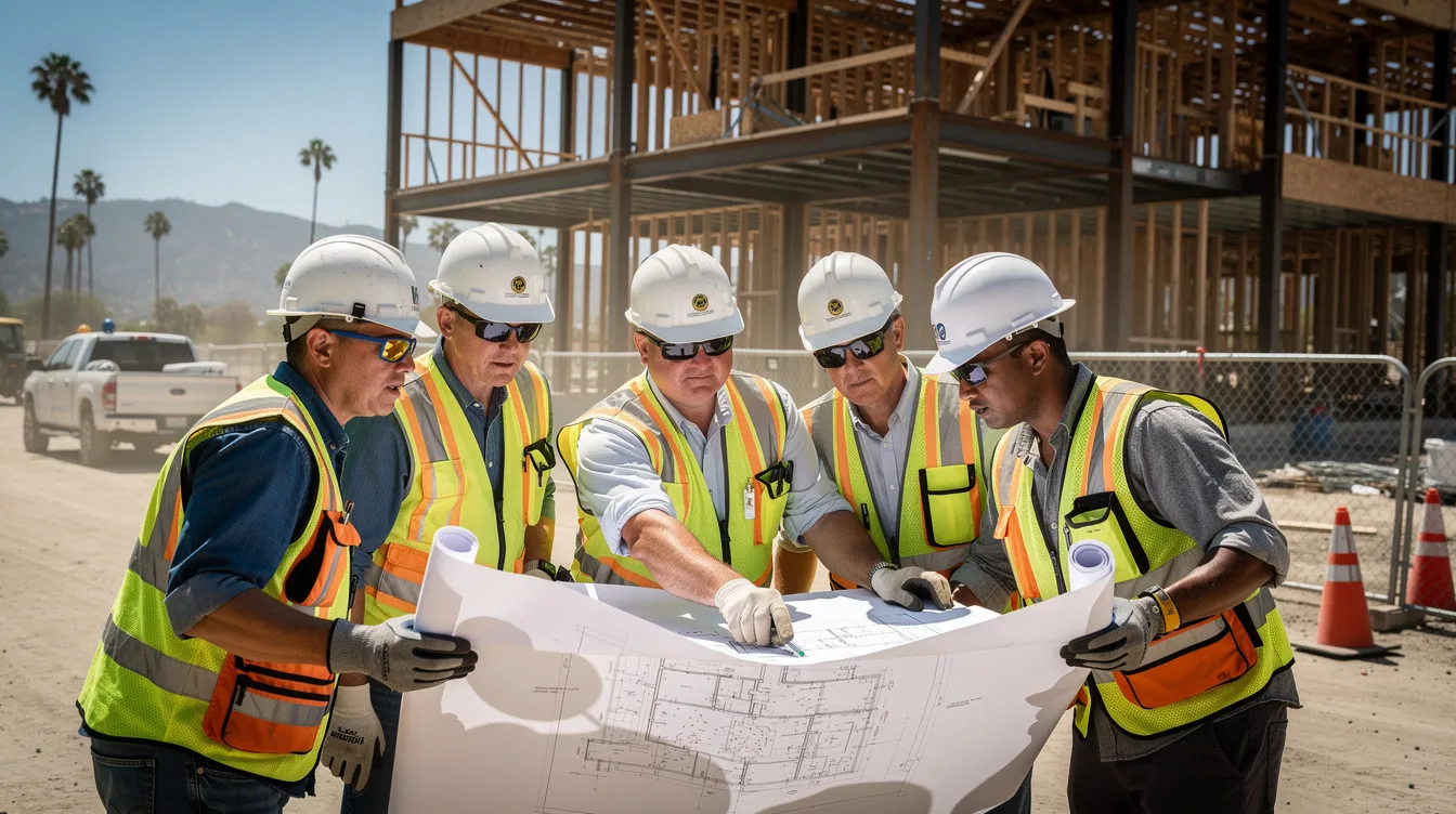 The image shows construction workers at a California job site, intently reviewing blueprints to ensure compliance with safety and regulatory standards. This collaboration underscores the importance of licensed contractors and the role of the Contractors State License Board (CSLB) in protecting California consumers and the construction industry.