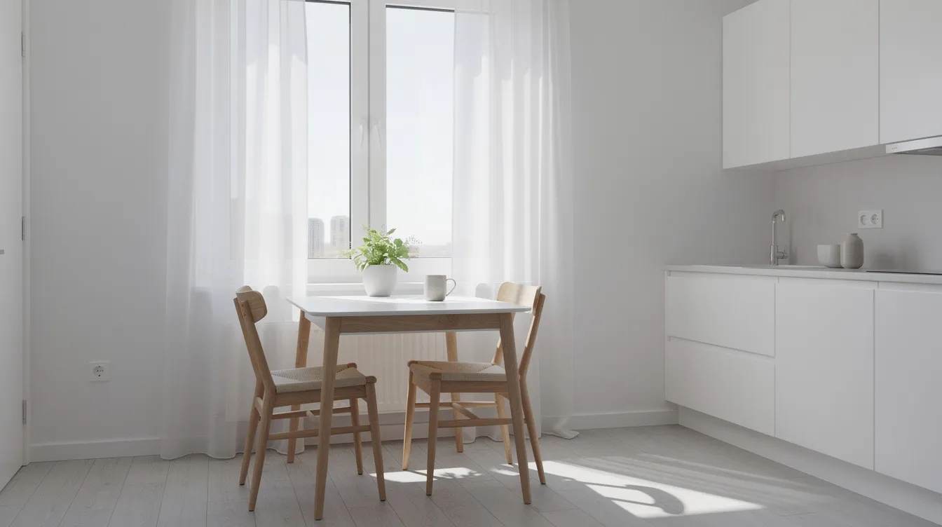 En bild som visar ett litet köksbord placerat nära ett fönster i ett stilrent och ljust minimalistiskt kök. Bordet är runt och av trä, vilket ger en varm känsla i det moderna hemmet.